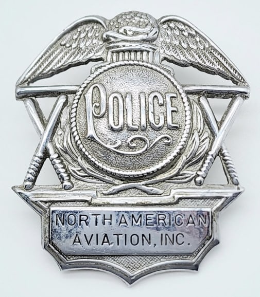Obsolete North American Aviation Inc Police Badge: Obsolete North American Aviation Inc Police Badge. Nice badge with the word police in the center. Measures 2-1/2in tall.