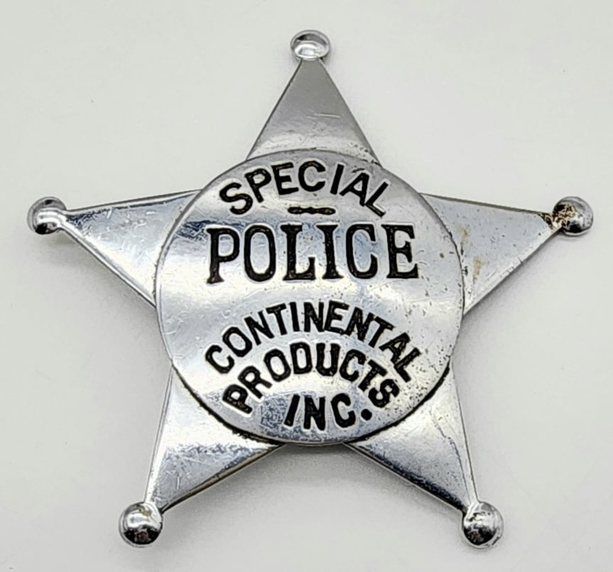 Obsolete Continental Products Inc. Special Police: Obsolete Continental Products Inc. Special Police Badge. Badge is in nice condition with ball point tips and pin back and is unmarked. Measures 2-5/8in.