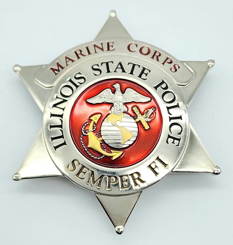 Obsolete Illinois State Police Marine Corps Badge: Obsolete Illinois State Police Marine Corps Badge. Badge is in very nice condition with Marine Corps logo, ball tip points, pin back, and is unmarked. Measures 2-3/4in.