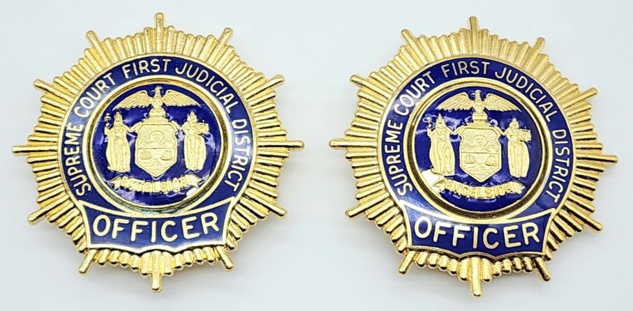 Obsolete Supreme Court First Judicial Badges: Obsolete Supreme Court First Judicial District Officer Badges. Badges are in very nice condition with blue enamel, pin back, and are unmarked. Measures 2-1/4in.
