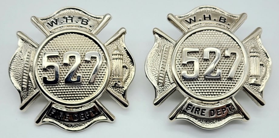 Obsolete W.H.B. Fire Dept. Pin & Hat Badge #527: Obsolete W.H.B. Fire Dept. Pin & Hat Badge #527. Badge is in very nice condition with pin and screw back and are marked Smith & Warren. Measures 2in.
