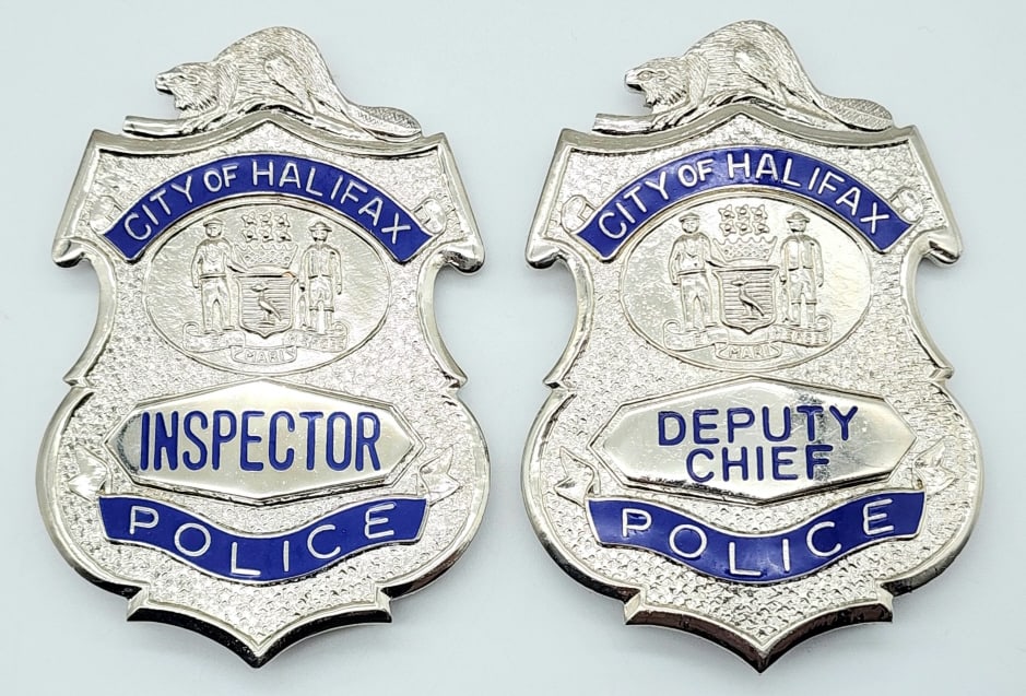 Obsolete Halifax Police Dep Chief Inspector Badges: Obsolete Halifax Police Deputy Chief & Inspector Badges. Badges are in nice condition with pin and screw backs, and are unmarked. Measures 2-7/8n.