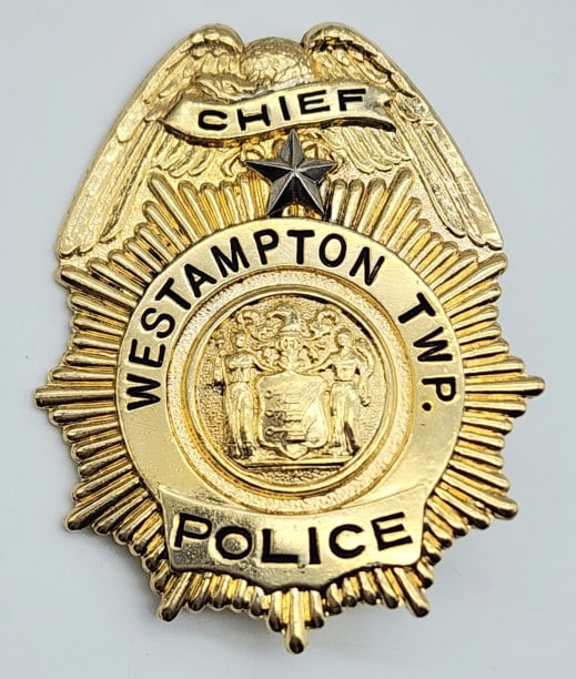 Obsolete Westampton Twp. Police Chief Badge: Obsolete Westampton Twp. Police Chief Badge. Badge is in very nice condition with pin back and is unmarked. Measures 2-3/4in.