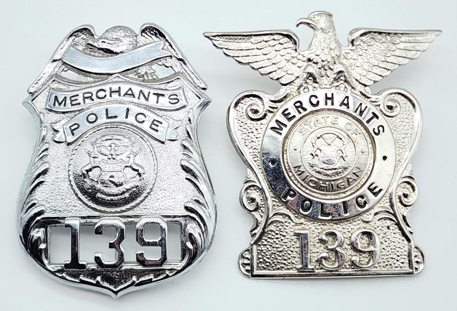 Obsolete MI Merchants Police Shield & Hat Badge: Obsolete Michigan Merchants Police Shield & Hat Badge #139. Badges are in very nice condition with pin and screw backs and are unmarked. Measures 3in.