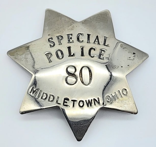Obsolete Middletown Ohio Special Police Pie Plate: Obsolete Middletown Ohio Special Police Pie Plate Badge #80. Badge is in nice condition with some finish wear from age, pin back, and is unmarked. Measures 3in.