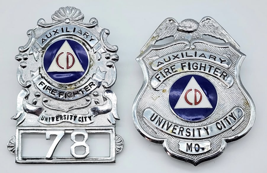 Obsolete Uni. City MO Auxillary Firefighter Badges: Obsolete Uni. City MO Auxillary Firefighter Shield & Hat Badge #78. Badges are in very nice condition with light wear from use, pin back, and are marked S.G. Adams. Measures 3-1/8in.