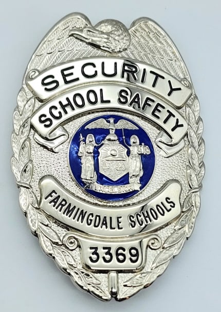 Obsolete Farmingdale Schools Security Badge #3369: Obsolete Farmingdale Schools Security Badge #3369. Badge in very nice condition with pin backs and is marked Smith & Warren. Measures 3-1/4in.
