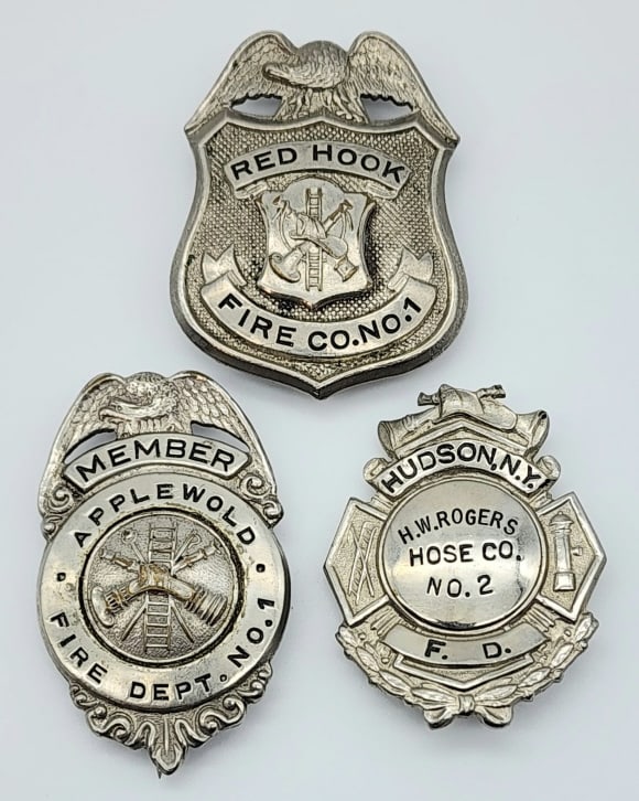 Obsolete Red Hook, Applewold, & Hudson Fire Badges: Obsolete Red Hook, Applewold, & Hudson Fire Department Badges. Badges are in nice condition with light wear from use, pin backs, and are unmarked. Largest measures 2in.