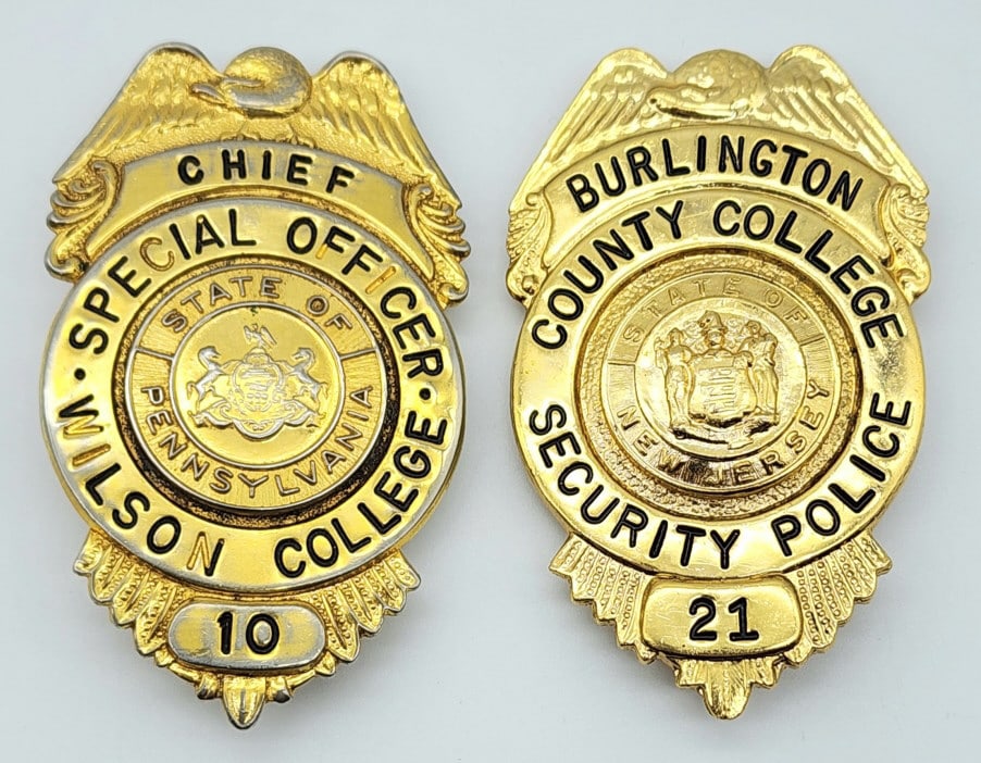 Obsolete College Police & Security Badges: Obsolete Wilson College Police Chief & Burlington County Security Badges. Badges are in nice condition with light wear from use, pin backs, and are unmarked. Measures 2-5/8in.