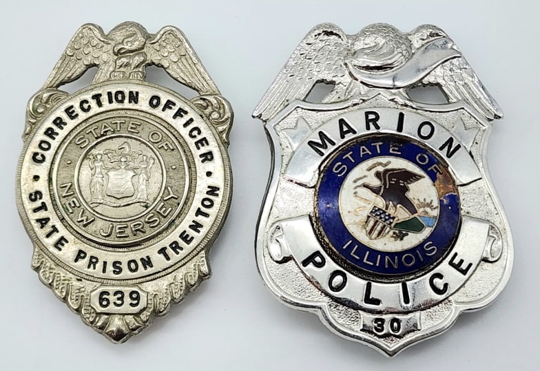 Obsolete NJ Corrections & Marion Police Badges: Obsolete New Jersey Corrections & Marion Police Badges. Badges are in nice condition with wear from use and age, pin and screw backs, and are unmarked. Largest measures 2-1/2in.