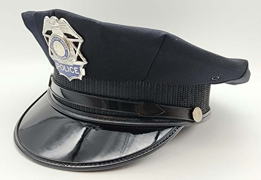 Obsolete Fort Wayne Indiana Police Hat & Badge: Obsolete Fort Wayne Indiana Police Hat & Badge. Both are in nice condition with some wear from use and age. The hat is marked Bayly Inc. and the badge is marked Blackinton. Badges measures 2-1/2in