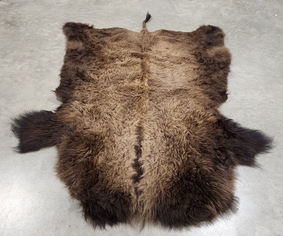 Full Body Buffalo Hide Rug w/ Tail: Full Body Buffalo Hide Rug w/ Tail. Piece is in nice condition and displays well with thick soft fluffy hair. Would be perfect in front of a fire place. Measures approx 76in wide x 106in long.