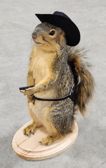 Pistol Packin' Squirrel with Bandolieer & Hat: Pistol Packin' Squirrel with Bandolieer & Hat. Piece is in new condition and displays nicely on wooden base. Overall measures approx 5in wide x 12in tall x 8in deep.