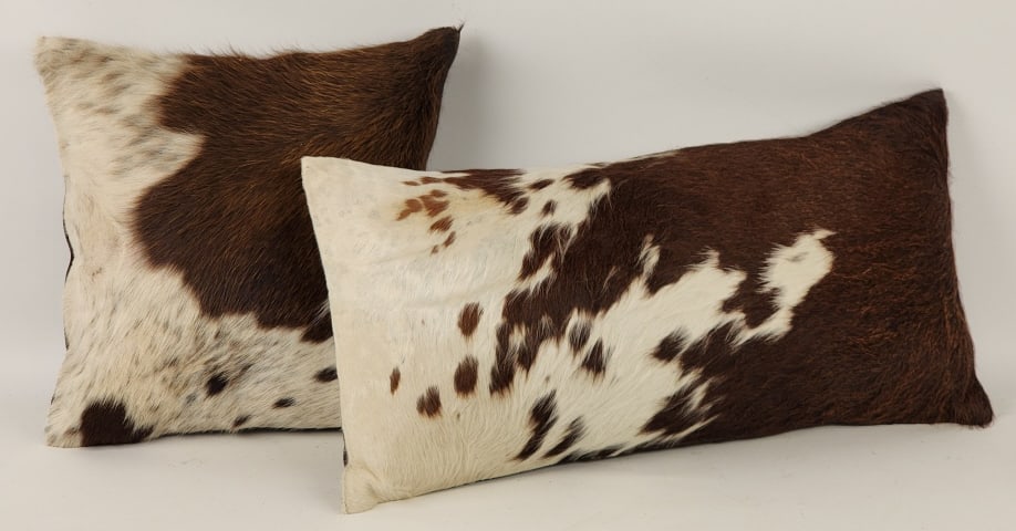 Brand New Pair of Brown & White Cowhide Pillows: Brand New Pair of Brown & White Cowhide Pillows. Pillows are in nice new condition and display nicely. Measures approx 24in x 12in and 14in x 4in.