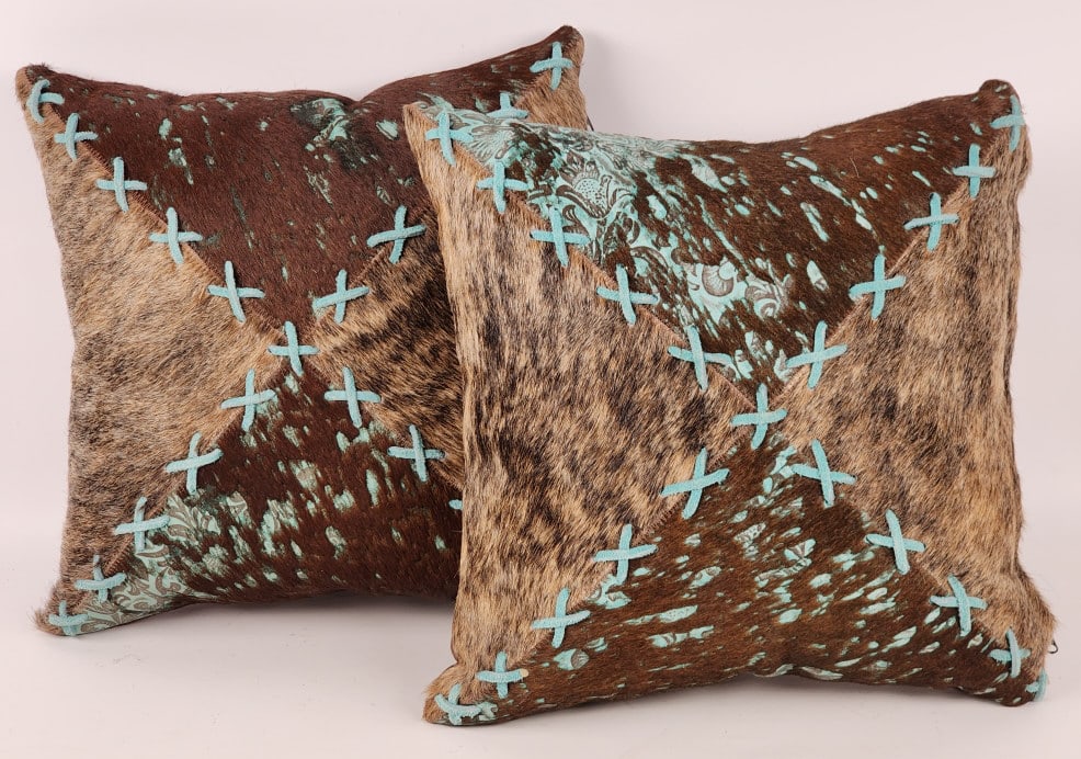Brand New Cowhide Pillows w/ Leather Frogging: Brand New Cowhide Pillows w/ Leather Frogging. Pillows are in nice new condition and display nicely. Measures approx 14in x 14in.