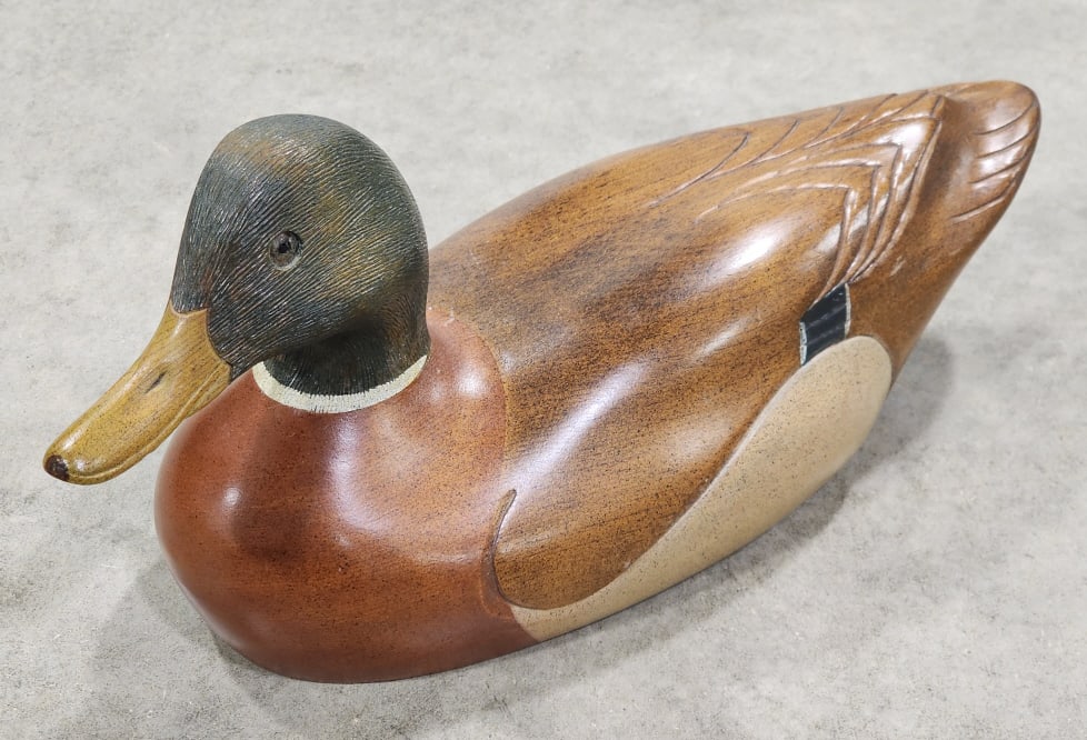 Carved Wood Mallard Duck Deocy by Big Sky Decoys: Carved Wood Mallard Duck Deocy by Bob May of Big Sky Decoys. Piece is in very nice condition with no chips or dings. Measures 15in long x 6in wide x 7in tall.