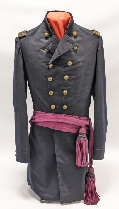 Civil War Double Breasted Lt. Colonel's Frock Coat: Civil War 20th Ohio Infantry Identified Double Breasted Lt. Colonel's Frock Coat w/ Officers Maroon Sash. This very nice coat features 2 rows of 7 of Staff Officers Eagle buttons from various manufact