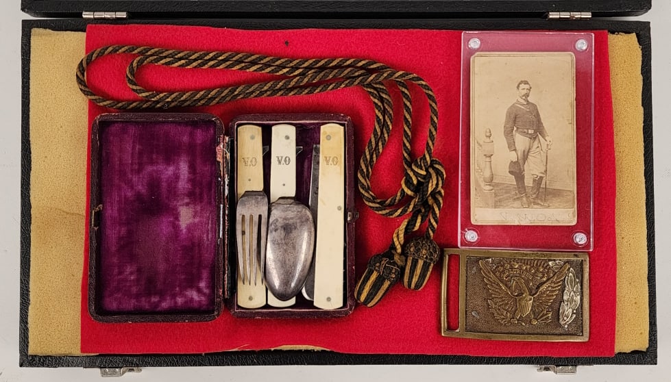 Civil War Personal Effects Case of Lt. Van M. Ogle: Civil War Personal Effects Case of Lt. Van M. Ogle. Lot comes with monogramed case and cutlery set by Joseph Rodgers & Sons Sheffield Cutlers, a black and tan hat cord with acorn tips, a gallery photo