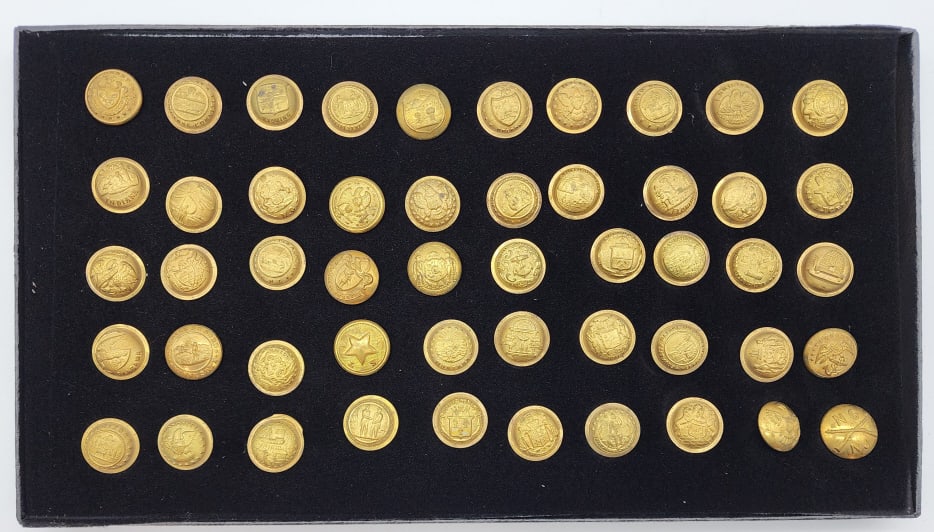 50 Post Civil War Buttons from Various States: Case of 50 Post Civil War Buttons from Various States. The buttons are made by various makers including Goodwins and a lot are unmarked. The buttons show 46 of the different states, each with their ow