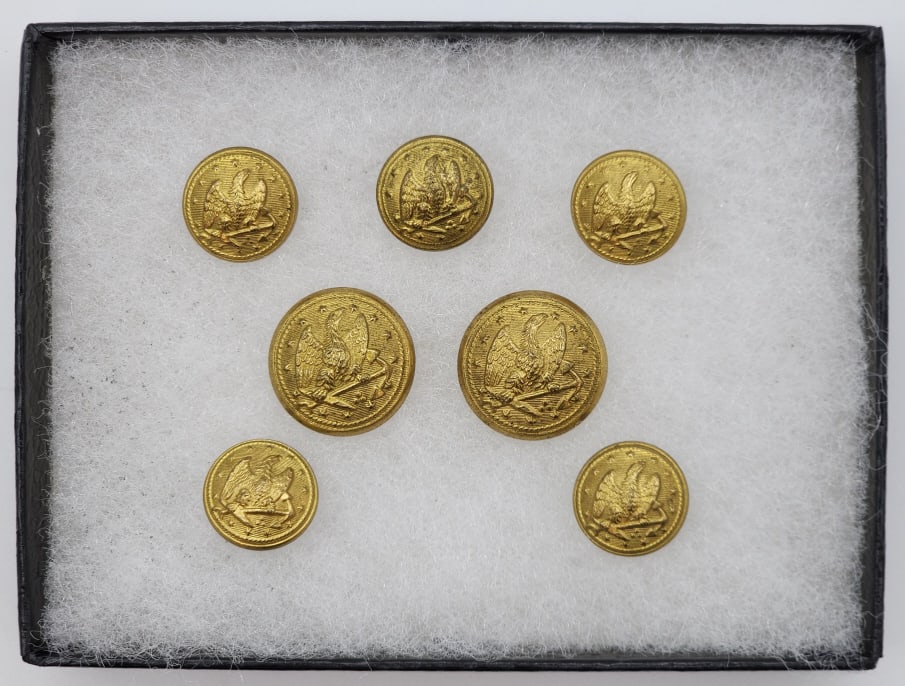 7) Civil War Navy Officers Cuff & Coat Buttons: 7) Civil War Navy Officers Cuff & Coat Buttons w/ Case. The buttons are backmarked with the manufacturer Scovill, MFG. All the buttons are in nice condition and display nicely in the case.