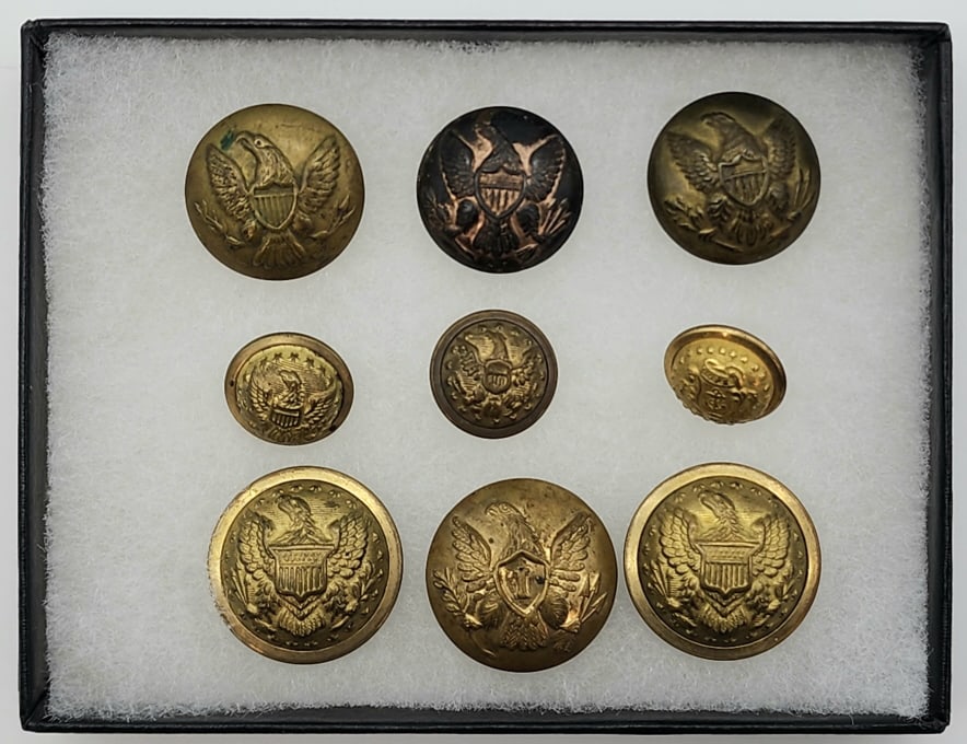 9) Civil War Infantry Officers Coat & Cuff Buttons: 9) Civil War Infantry & Officers Coat & Cuff Buttons w/ Case. The buttons are in nice condition one being dug and one being from Rhode Island.