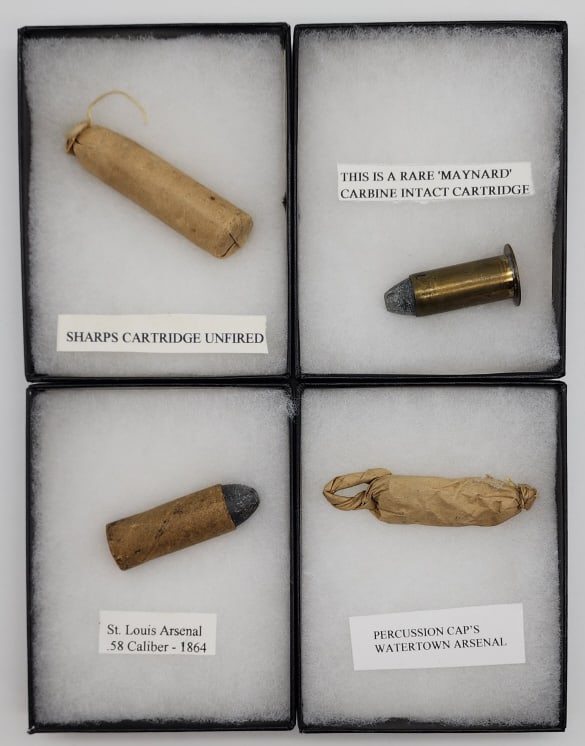 Civil War Era Paper & Brass Cartridges & Caps: Civil War Era Paper & Brass Cartridges & Caps w/ Cases. Includes St. Louis arsenal .58 Cal cartridge, Sharps rifle cartridge, brass case Maynard Carbine cartridge, and percussion caps in the paper fro