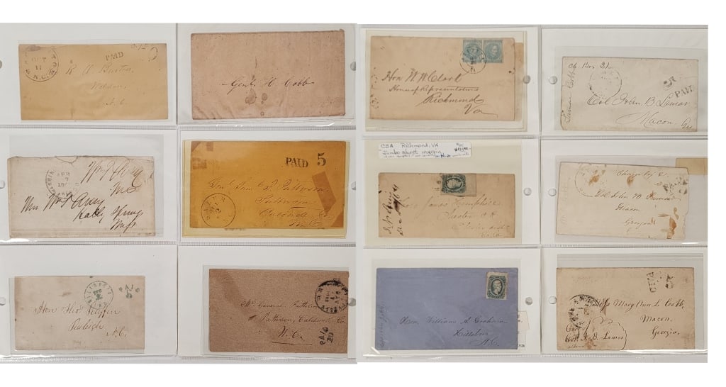 12) Civil War Era Confederate States Covers: 12) Civil War Era Confederate States Covers. Covers are from various states in the Confederate Army, and have various priced stamps and unique writing.