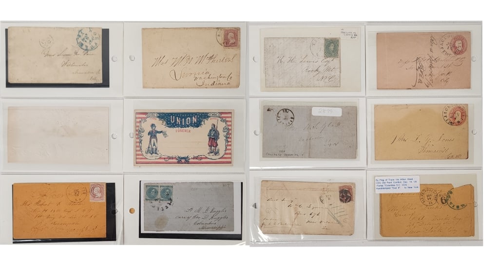 12) Civil War Era Confederate & Union Covers: 12) Civil War Era Confederate & Union Covers. Covers are from various states in the Confederate & Union Army, and have various priced stamps, Union imagery, and unique writing.