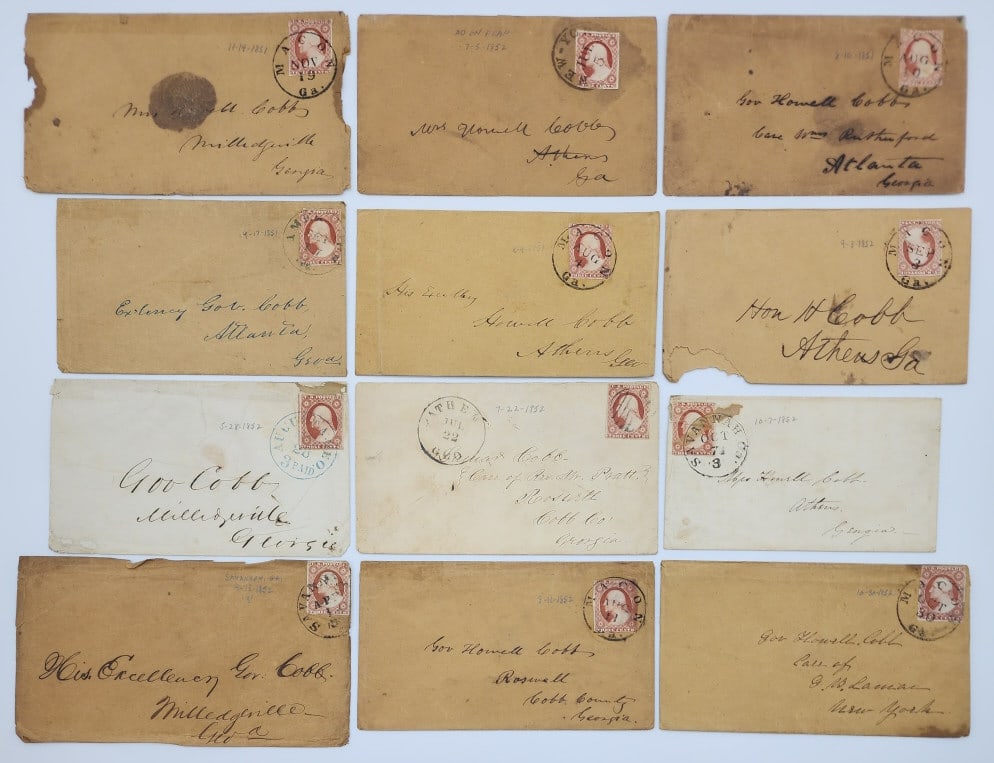 12) Civil War Era Covers to Gov. Howell Cobb: 12) Civil War Era Covers to Gov. Howell Cobb. Covers are all addressed to Gov. Cobb of Athens Georgia and have three cent Jefferson stamps. All the covers are worn from age.