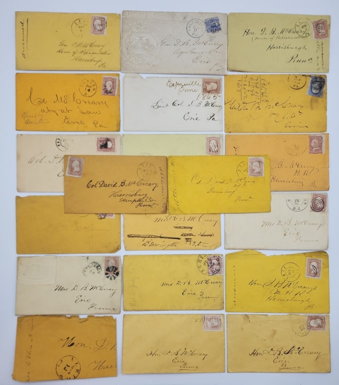 20) Civil War Era Covers to Gen. D.B. McCreary: 20) Civil War Era Covers to Gen. David B. McCreary. Covers are all addressed to either Col. or Gen. David B. McCreary and have three cent Jefferson stamps. All the covers are worn from age.