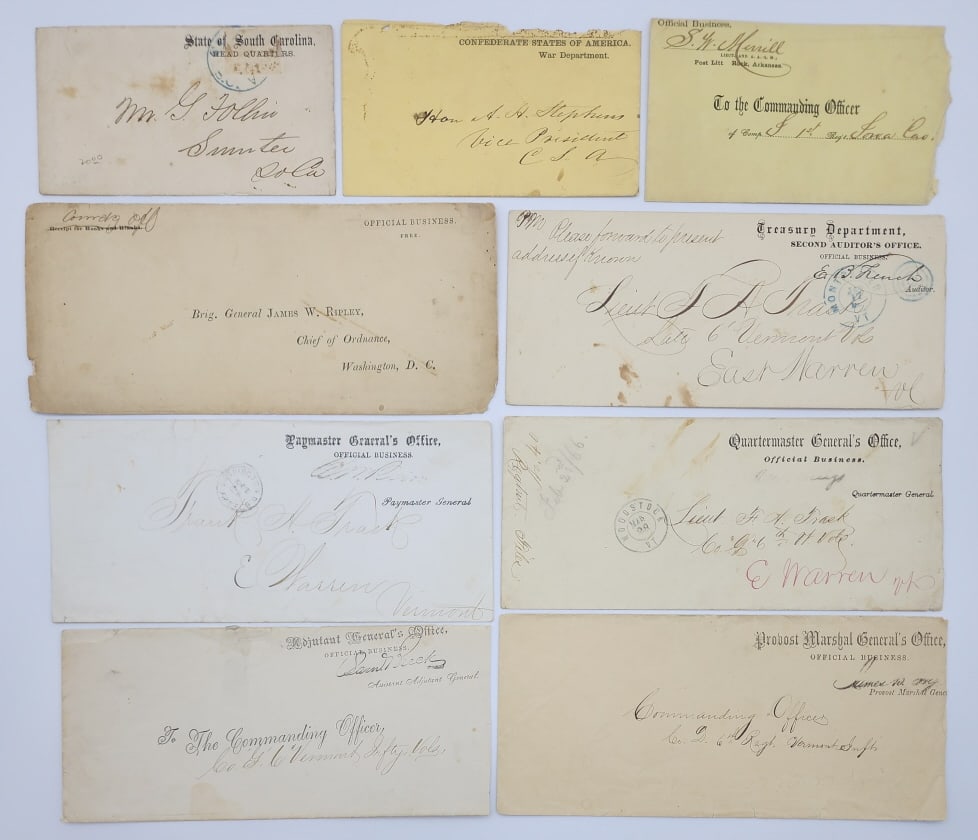 9) Civil War Era Confederate States Gov. Covers: 9) Civil War Era Confederate States Gov. Covers. Covers are from various states in the Confederate Army from the Paymaster, Provost Marshal, Auditor's, and State Head Quarters and have various priced 