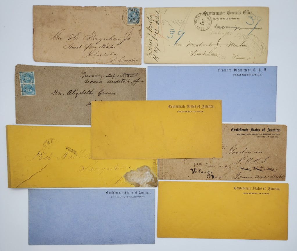 9) Civil War Era Confederate States Gov. Covers: 9) Civil War Era Confederate States Gov. Covers. Covers are from various states in the Confederate Army from the Quartermaster, Treasury, State Head Quarters, and some personal covers and have various