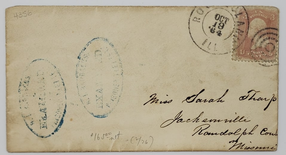 1864 Confederate POW Letter Cover to Missouri: 1864 Confederate POW Letter Cover to Missouri. Cover is from Rock Island, IN POW camp and is being set home to Missouri. Features double blue stamp.