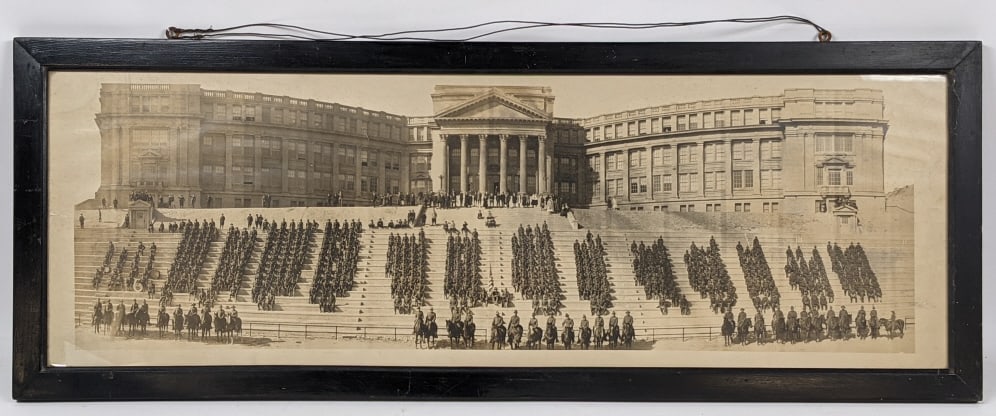 Spanish American War Panoramic Photograph: Spanish American War Panoramic Photograph. Photograph is of soldiers and cavalry sitting on the steps of the El Paso Texas High School. Picture is in nice aged ccondition in nice antique from. Display