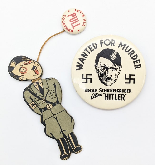 Original WW2 Anti-Hitler Pins: Original WW2 Anti-Hitler Pins. Very unique anti-Hitler pin has cardstock Hitler hanging from a string choking while the pin says "Let's all PULL together". The other button shows a picture of Hitler s