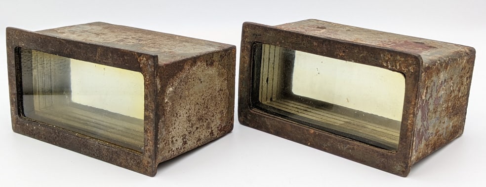 2) WW2 German Tiger Tank Vision Blocks: 2) WW2 German Tiger Tank Vision Blocks. Blocks are made of multiple layers of thick glass and steel. Both are in used condition with wear from age and use. Measures 6in long x 3-3/4in wide x 3-1/4in t