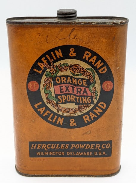 Early Hercules Powder Co. Laflin & Rand Powder Tin: Early Hercules Powder Co. Laflin & Rand Orange Extra Sporting Powder Tin w/ Paper Label. Tin is in nice condition with some surface rust and a few chips in the paper along the edges. Measures 6in tall