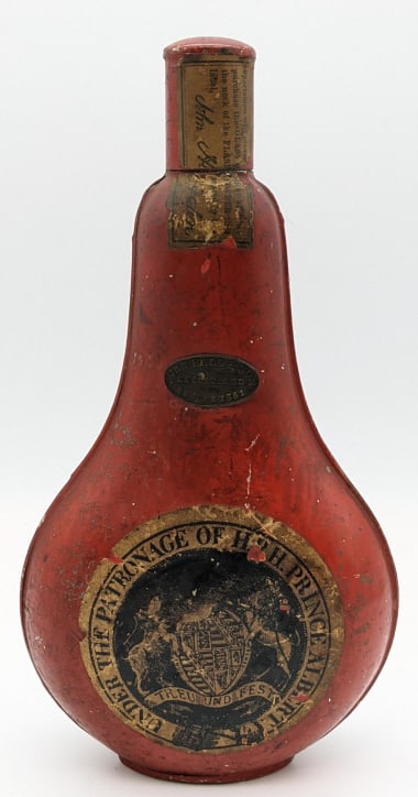 Early John Hall & Son Rifle Gunpowder Tin Flask: Early John Hall & Son Rifle Gunpowder Tin Flask w/ Paper Labels. Tin is in nice worn condition with some surface rust, chips in the paint and paper, and some dents. Measures 9in tall.