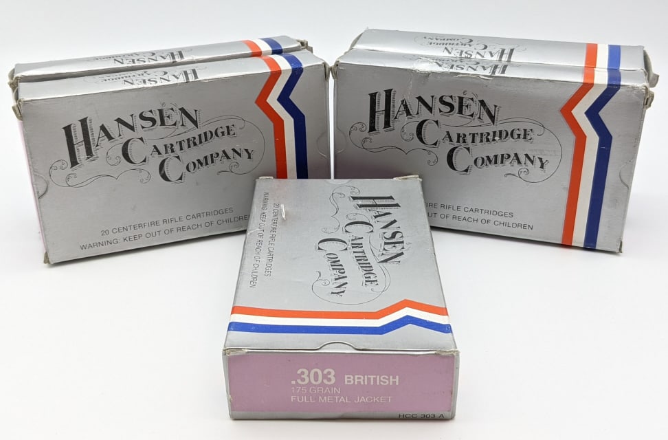 100 Rounds Of Hansen .303 British Cartridges: 100 rounds of Hansen Cartridge Co .303 British cartridges. Comes in five boxes of 20 cartridges. 175 grain FMJ.