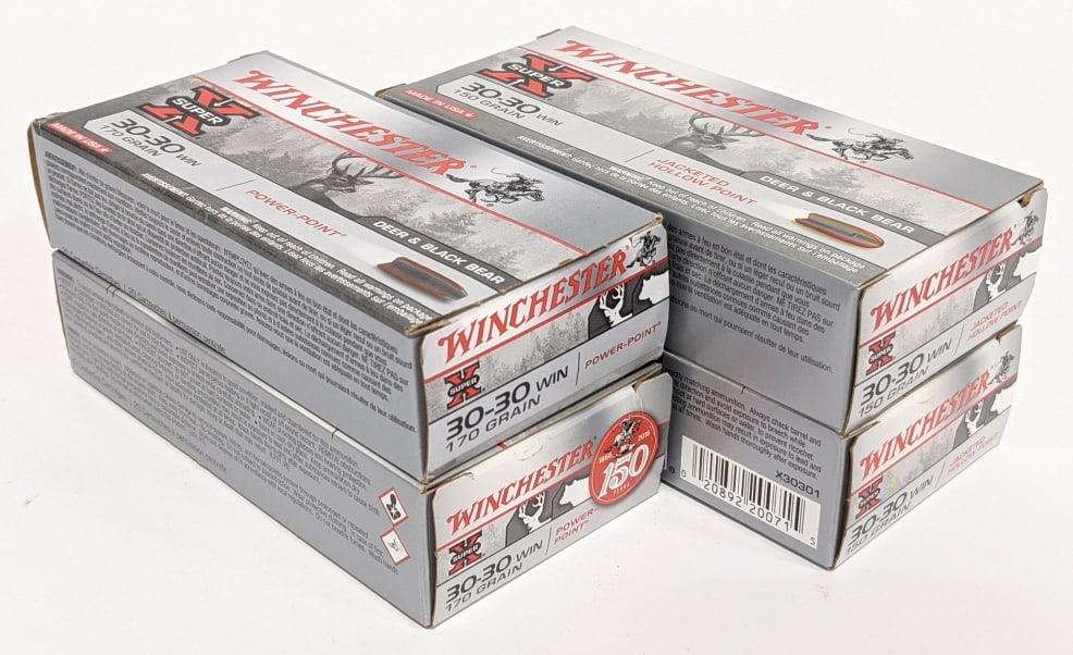80 Rnds of Winchester 30-30 Win.: 80 Rnds of Winchester 30-30 Win. Comes in 20 round boxes and includes 40 rounds of 150Gr Jacketed Hollow Points and 40 rounds of 170Gr Power Point.