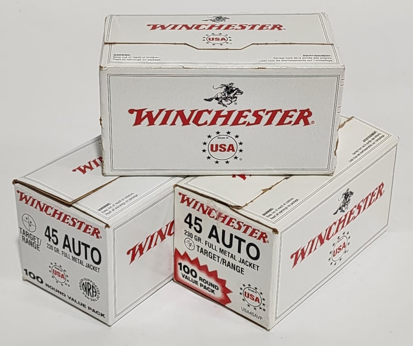 300 Rnds of Winchester .45 Auto 230Gr FMJ: 300 Rnds of Winchester .45 Auto 230Gr FMJ. Comes in 100 round boxes.