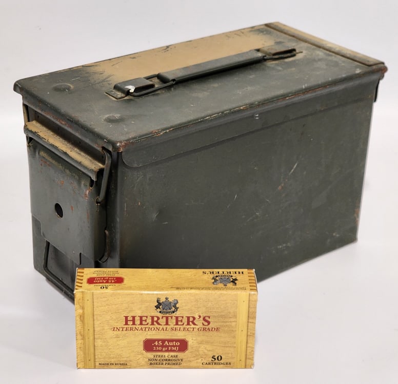 1000 Rounds of Herter's .45 Auto 230Gr. FMJ: 1000 Rounds of Herter's .45 Auto 230Gr. FMJ w/ Metal Ammo Can. Comes in 50 round boxes.