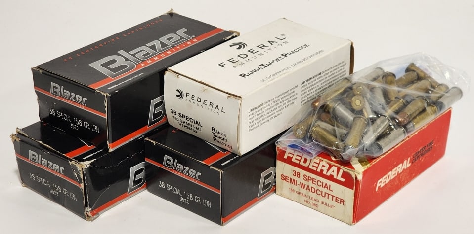 283 Rounds of Various Boxed & Loose .38 Spl: 283 Rounds of Various Boxed & Loose .38 Spl. Includes 150 Blazer 158Gr LRN, 50 Federal 130Gr FMJ, and 83 various rounds.