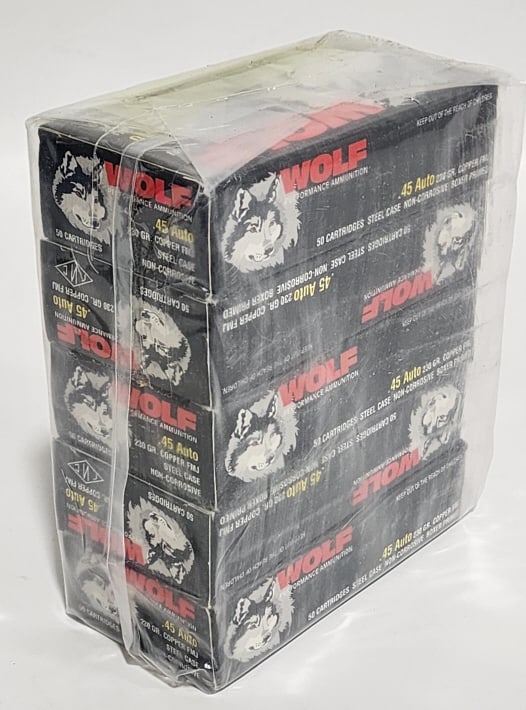 250 Rnds of Wolf Steel Case .45 Auto 230Gr FMJ: 250 Rnds of Wolf Steel Case .45 Auto 230Gr FMJ. Comes in 50 round boxes.
