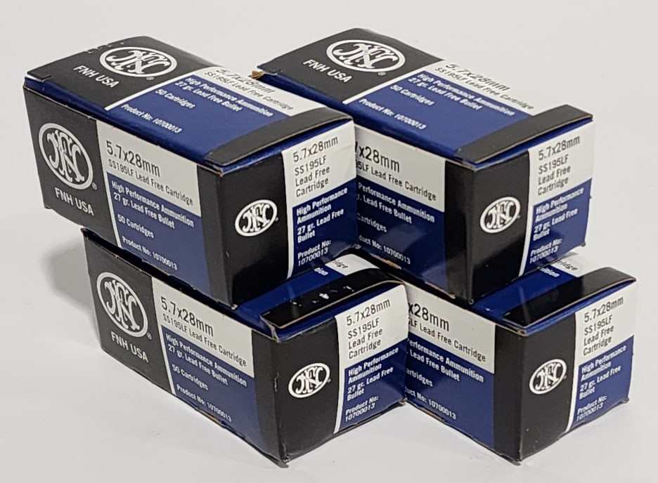 200 Rounds of FNH 5.7 x 28 mm 27Gr Lead Free: 200 Rounds of FNH 5.7 x 28 mm 27Gr Lead Free. Comes in 50 round boxes.