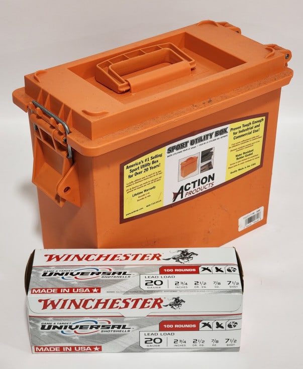 200 Rnds of Winchester 20 Gauge 2-3/4in Uni Shells: 200 Rnds of Winchester 20 Gauge 2-3/4in Universal Shells w/ Plastic Ammo Can. Comes in 25 round boxes.