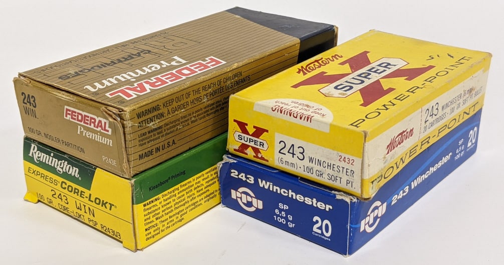 78 Rnds of Federal, Remington, & PPU .243 Win: 78 Rnds of Federal, Remington, Western, & PPU .243 Win. Comes in 20 round boxes and includes 18 Remington 100Gr Core-Lokt PSP, 20 Federal 100Gr Nosler, 20 Winchester 100Gr Soft Points, and 20 PPU 100G