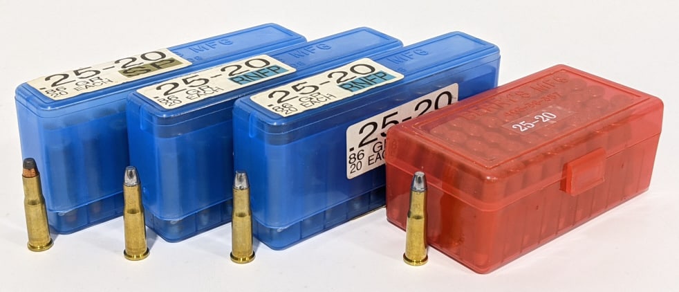 110 Rounds of Reloaded 25-20 Win JSP & RNFP: 110 Rounds of Reloaded 25-20 Win JSP & RNFP. Comes in 50 round and 20 round plastic cases.
