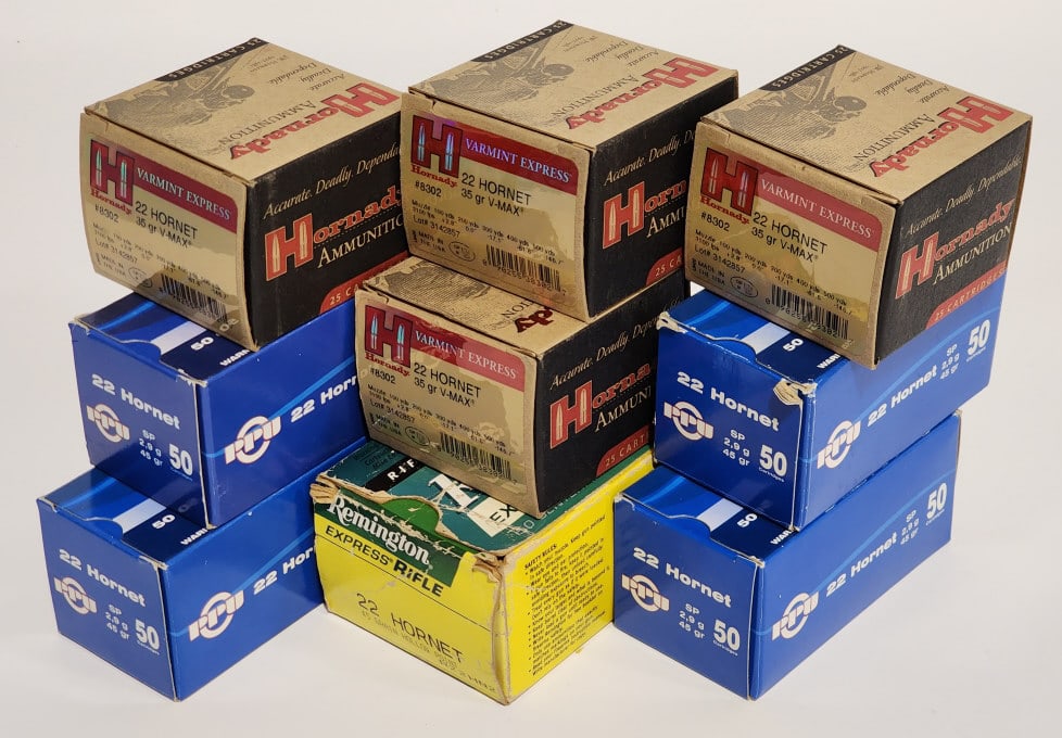 349 Rnds of Various Brand .22 Hornet: 349 Rnds of Various Brand .22 Hornet. Comes in 50 and 25 round boxes and includes 100 Hornady 35Gr V-Max, 200 PPU 45Gr SP, and 49 Remington 45Gr HP.