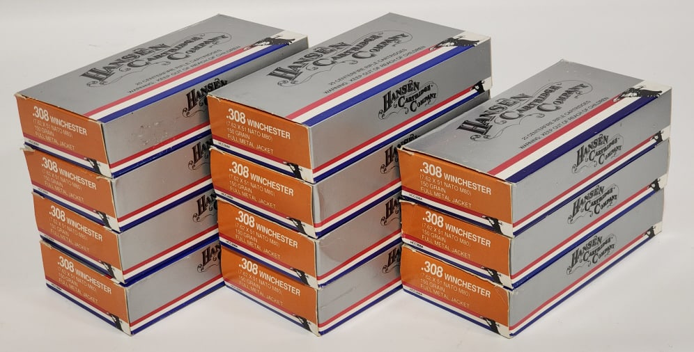 220 Rounds of Hansen .308 Winchester FMJ: 220 Rounds of Hansen .308 Winchester 150Gr FMJ. Comes in 20 round boxes.